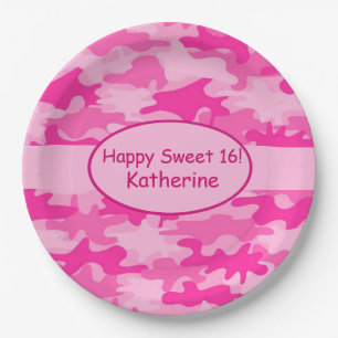 Prato De Papel Nome de Camo Rosa Personalizado Doce 16 Aniversár