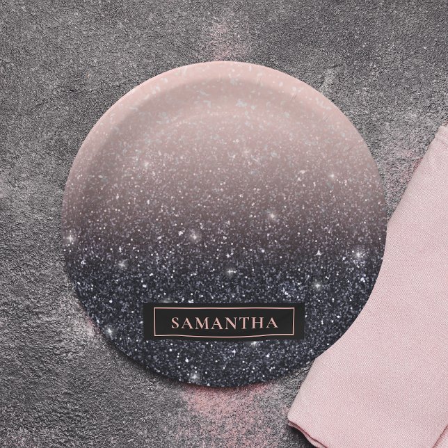 Prato De Papel Nome de cintilações preto e rosa modernos (Criador carregado)