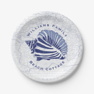 Prato De Papel Nome de família azul litoral do Seashell do Conch