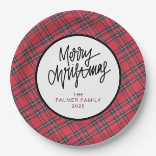 Prato De Papel Nome de Família de Natal Xadrez Vermelho Simples e