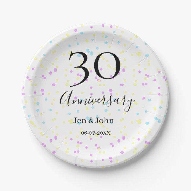 Prato De Papel Nome do aniversário da 30 da bolinhas de  amarelo- (Frente)