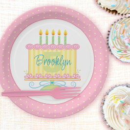 Prato De Papel Nome do Bolo de Aniversário do 5 Amarelo Rosa