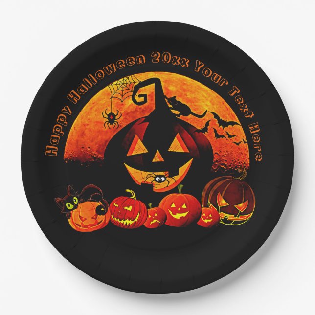 Prato De Papel Nome do Halloween Ano 20xx Glow Pumpkin Cat Web 9" (Frente)