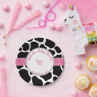 Prato De Papel Nome do Impressão de Vaca Preta Monograma Rosa