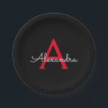 Prato De Papel Nome do Monograma da Rapariga do Script Preto Verm<br><div class="desc">Monograma Vermelho e Preto Adicione Suas Próprias Placas de Grupo de Script de Nome. Isto faz o doce e perfeito aniversário de 16 anos,  casamento,  chá de panela,  aniversário,  chá de fraldas ou festa de solteira presente para alguém que ama luxo de luxo e estilos quíticos.</div>