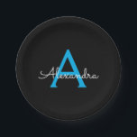 Prato De Papel Nome do Monograma Girly de Script Preto Azul<br><div class="desc">Monograma Azul e Preto Adicione suas Próprias Placas de Grupo de Script. Isto faz o doce e perfeito aniversário de 16 anos,  casamento,  chá de panela,  aniversário,  chá de fraldas ou festa de solteira presente para alguém que ama luxo de luxo e estilos quíticos.</div>