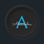 Prato De Papel Nome do Monograma Girly de Script Preto Azul<br><div class="desc">Monograma Azul e Preto Adicione suas Próprias Placas de Grupo de Script. Isto faz o doce e perfeito aniversário de 16 anos,  casamento,  chá de panela,  aniversário,  chá de fraldas ou festa de solteira presente para alguém que ama luxo de luxo e estilos quíticos.</div>