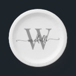 Prato De Papel Nome do Script de Monograma Personalizado Cinza Br<br><div class="desc">Pratos de papel personalizados elegantes, modernos e femininos com monograma inicial em branco e cinza. Este design apresenta seu primeiro nome em uma linda tipografia de letra manuscrita com cauda ornamentada (ou caligrafia) com monograma inicial em preto e cinza sobre branco. São fáceis de personalizar. Ótimos para aquecimento de casa,...</div>
