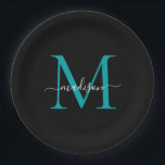 Prato De Papel Nome do Script Moderno do Monograma Verde de Teal<br><div class="desc">Simples Monograma Verde de Teal Preto Verde Moderno,  Manuscrito Feminino Moderno Papel Placa</div>