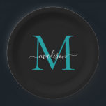 Prato De Papel Nome do Script Moderno do Monograma Verde de Teal<br><div class="desc">Simples Monograma Verde de Teal Preto Verde Moderno,  Manuscrito Feminino Moderno Papel Placa</div>