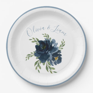 Prato De Papel Nome Elegante do Script Moderno Floral do Dusty Bl