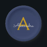 Prato De Papel Nome Moderno do Monograma de Script Girly Dourado<br><div class="desc">Monograma Azul Dourado e Marinho Adicionar suas próprias placas de partes de script. Isto faz o doce e perfeito aniversário de 16 anos,  casamento,  chá de panela,  aniversário,  chá de fraldas ou festa de solteira presente para alguém que ama luxo de luxo e estilos quíticos.</div>