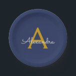 Prato De Papel Nome Moderno do Monograma de Script Girly Dourado<br><div class="desc">Monograma Azul Dourado e Marinho Adicionar suas próprias placas de partes de script. Isto faz o doce e perfeito aniversário de 16 anos,  casamento,  chá de panela,  aniversário,  chá de fraldas ou festa de solteira presente para alguém que ama luxo de luxo e estilos quíticos.</div>
