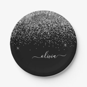 Prato De Papel Nome Monograma Brilhante Glitter Prateado Preto Fe