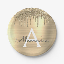 Prato De Papel Nome Monograma de Metal Brilhante com Brilho Doura