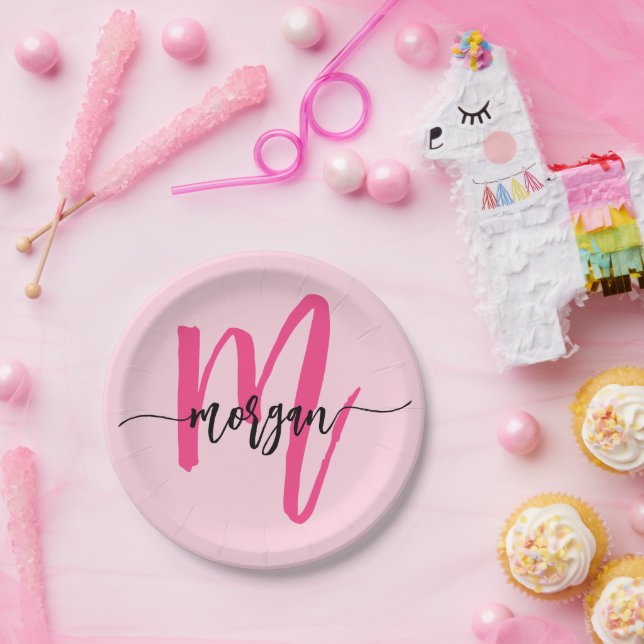 Prato De Papel Nome Monograma Feminino Moderno em Letra Cursiva R (Festa)