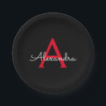 Prato De Papel Nome Monograma Feminino Roscas Vermelho Preto<br><div class="desc">Pratos de festa com monograma vermelho e preto adicione seu próprio nome. Isso torna o presente perfeito de aniversário de 16 anos,  casamento,  chá de noiva,  aniversário,  chá de bebê ou despedida de solteira para alguém que ama luxo glamoroso e estilos chiques.</div>