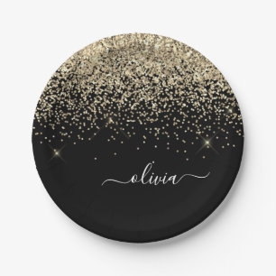 Prato De Papel Nome Monograma Menina Brilho Glitter Dourado Preto