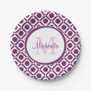 Prato De Papel Nome Monogramado Geométrico Moderno Roxo e Branco