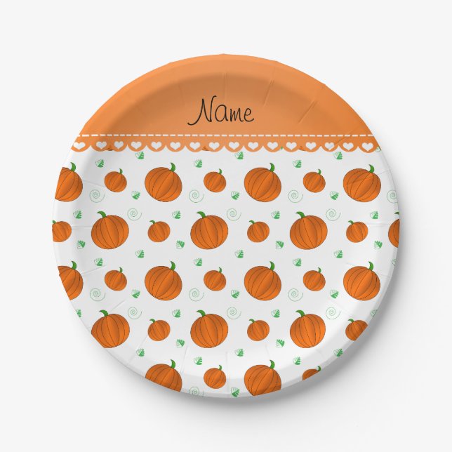 Prato De Papel Nome personalizado abóboras laranja brancas (Frente)