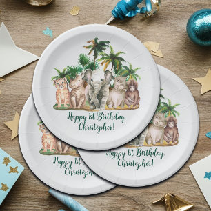 Prato De Papel Nome Personalizado Animais Safari Palm Treine Aniv