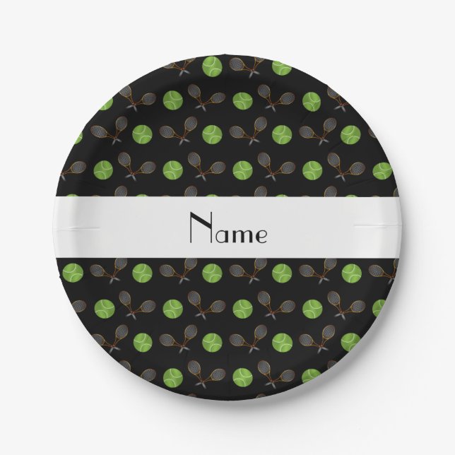 Prato De Papel Nome personalizado bolas tênis pretas (Frente)