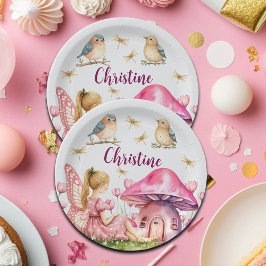 Prato De Papel Nome Personalizado Cogumelos Fleosos Rosa