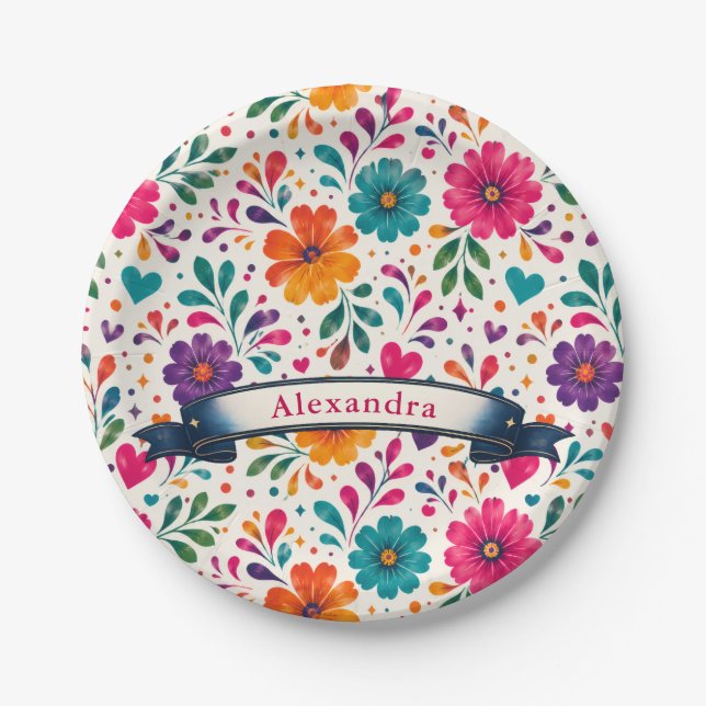 Prato De Papel Nome Personalizado Cumpleaños Floral Espanhol (Frente)