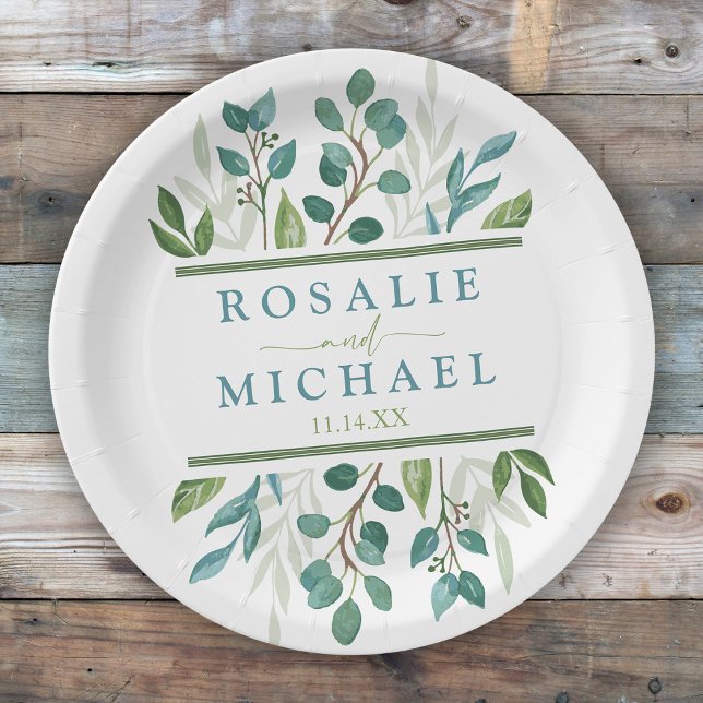 Prato De Papel Nome Personalizado de Verde Botânico (Botanical Greenery  Custom Wedding Paper Plates)