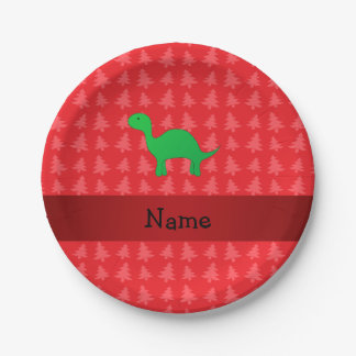 Prato De Papel Nome personalizado dinossauros de natal vermelho