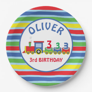 Prato De Papel Nome Personalizado do Comboio aniversário de 3 ano