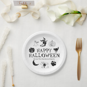 Prato De Papel Nome personalizado do Dia das Bruxas preto branco