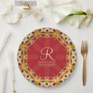 Prato De Papel Nome Personalizado do Monograma Dourado Vermelho d