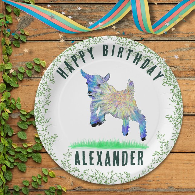 Prato De Papel Nome Personalizado do Partido de Aniversário Feliz (Cute goat themed personalized kids name birthday party paper plate with colorful jumping pigmy goat)