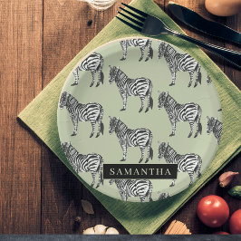 Prato De Papel Nome Personalizado e Padrão Selvagem de Zebra Selv