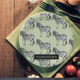 Prato De Papel Nome Personalizado e Padrão Selvagem de Zebra Selv