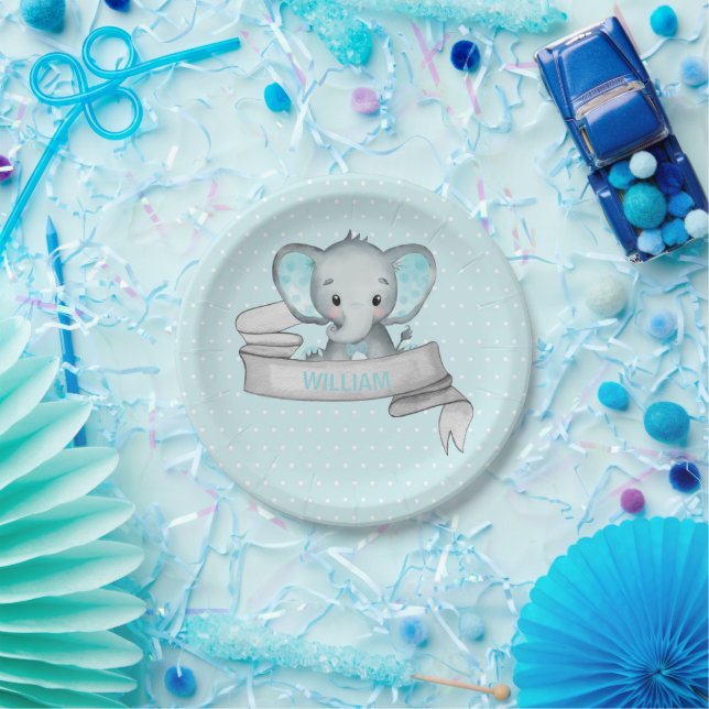 Prato De Papel Nome Personalizado Elephant Baby Boy Blue & Cinza (Festa)