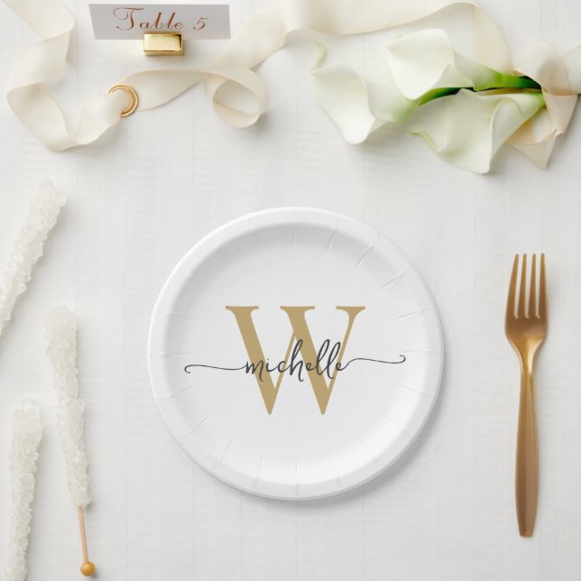 Prato De Papel Nome Personalizado em Grafia Moderna em Ouro Branc (Casamento)