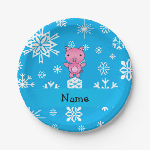 Prato De Papel Nome personalizado flocos de neve azuis de porco