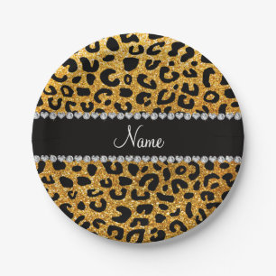 Prato De Papel Nome personalizado glitter amarelo cheetah impress