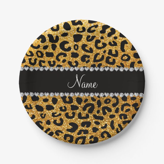 Prato De Papel Nome personalizado glitter amarelo cheetah impress (Frente)