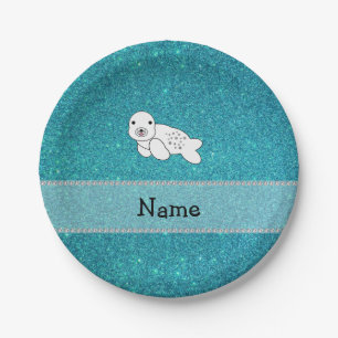 Prato De Papel Nome personalizado glitter de turquesa de foca