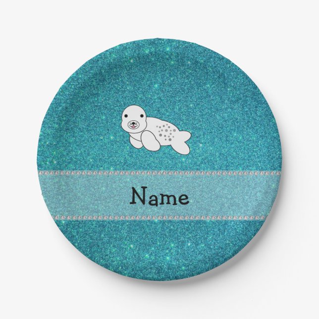 Prato De Papel Nome personalizado glitter de turquesa de foca (Frente)