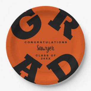 Prato De Papel Nome Personalizado Graduação Laranja e Preta