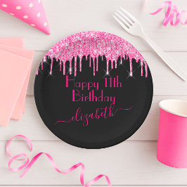 Prato De Papel Nome Personalizado + Idade Rosa Quente Brilho Gote