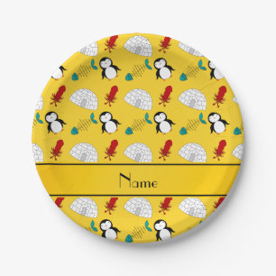 Prato De Papel Nome personalizado lula-de-peixes-pinguins-amarelo