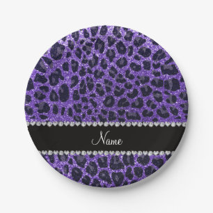 Prato De Papel Nome personalizado manchas-leopardo roxas