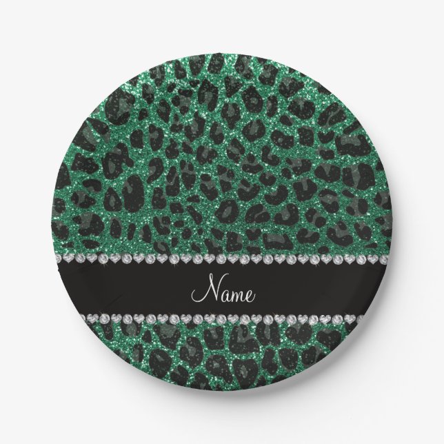 Prato De Papel Nome personalizado mint verde brilho leopardo (Frente)