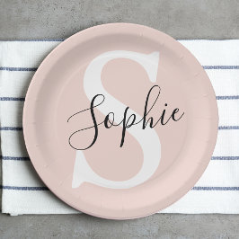 Prato De Papel Nome Personalizado Moderno Monograma Pastel Rosa