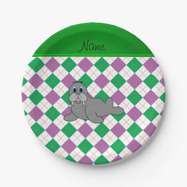 Prato De Papel Nome personalizado morsa verde roxo argyle (Frente)